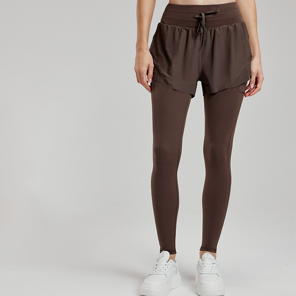 Fake Two-Piece Wide Waistband Drawstring Yoga Pants DWUS124111