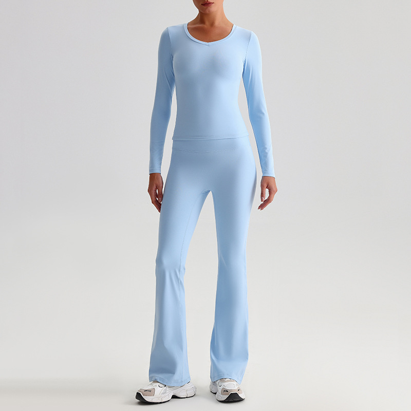 Yoga Suit For Women Casual Hip-lifting Flared Pants And Tight-fitting Nude Short-sleeved shirt SKL-LQ8999
