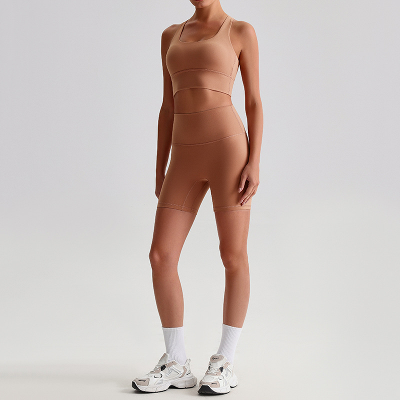 Tight Sports Suit Nude Shorts And Yoga Bra With Pads Set SKL-LQ0197