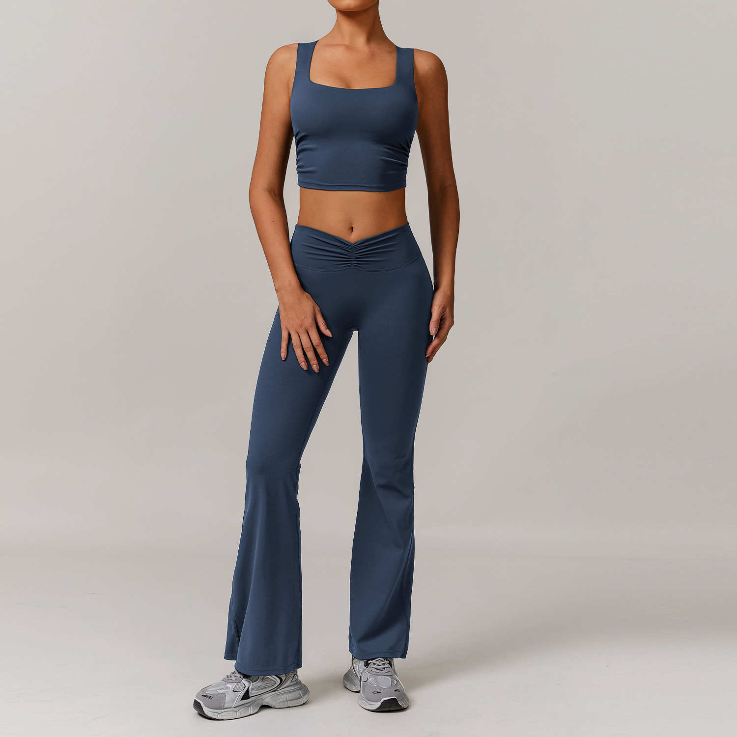Soft Fabric Twist Pleats Flare Yoga Vest Sets 9141