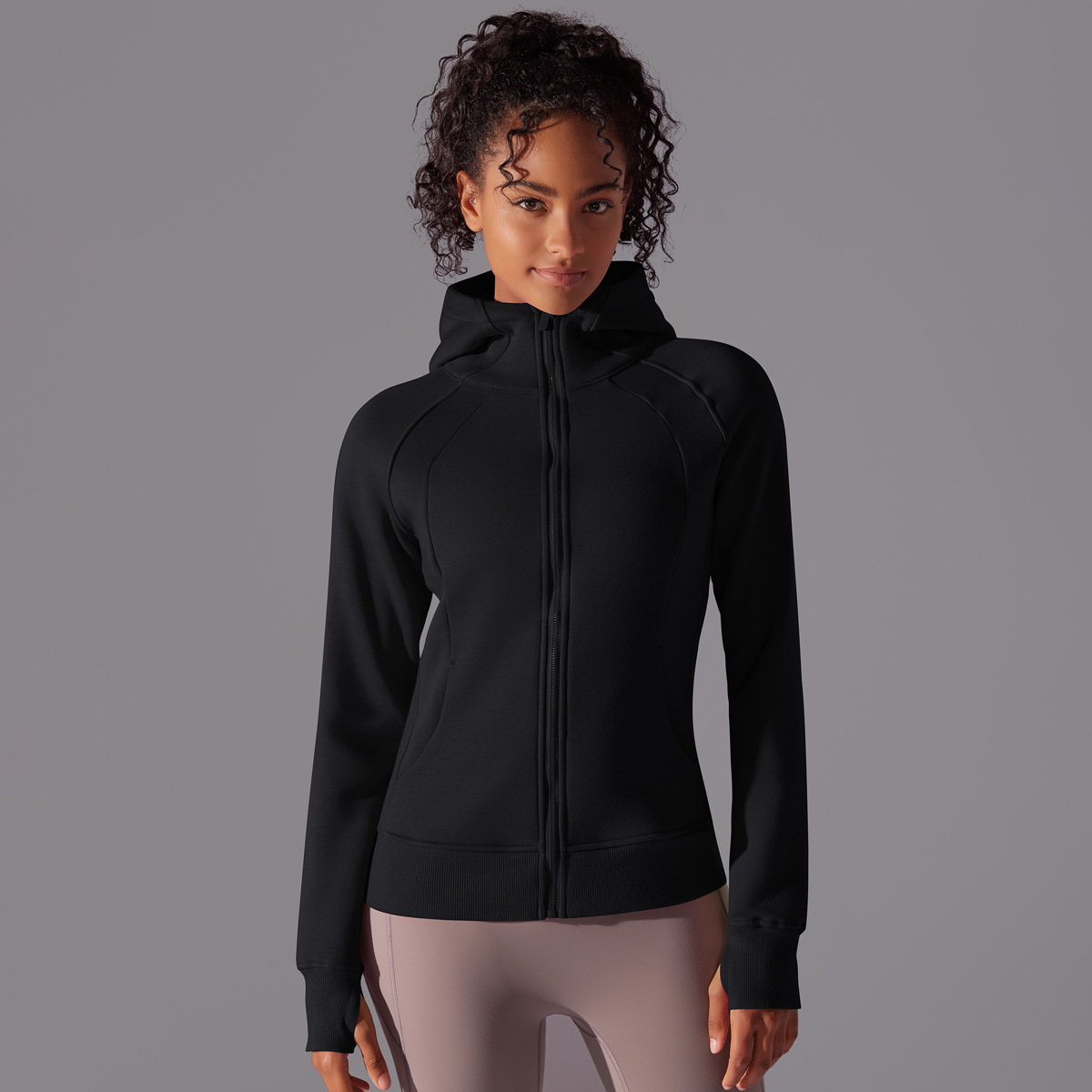  Fleece-Lined Hooded Sports Sweatshirt Jacket Yoga Top 7025
