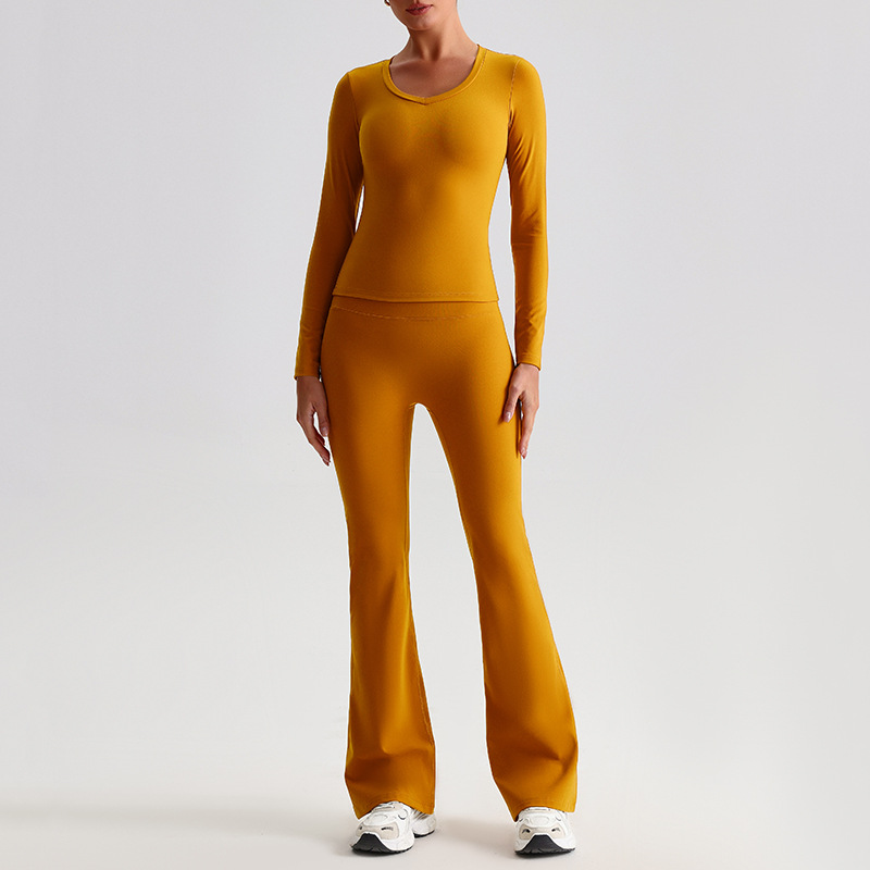 Yoga Suit For Women Casual Hip-lifting Flared Pants And Tight-fitting Nude Short-sleeved shirt SKL-LQ8999