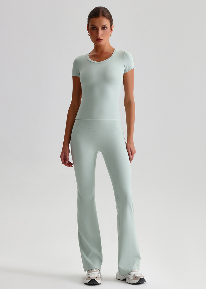 Yoga Suit For Women Casual Hip-lifting Flared Pants And Tight-fitting Nude Short-sleeved shirt SKL-LQ8999
