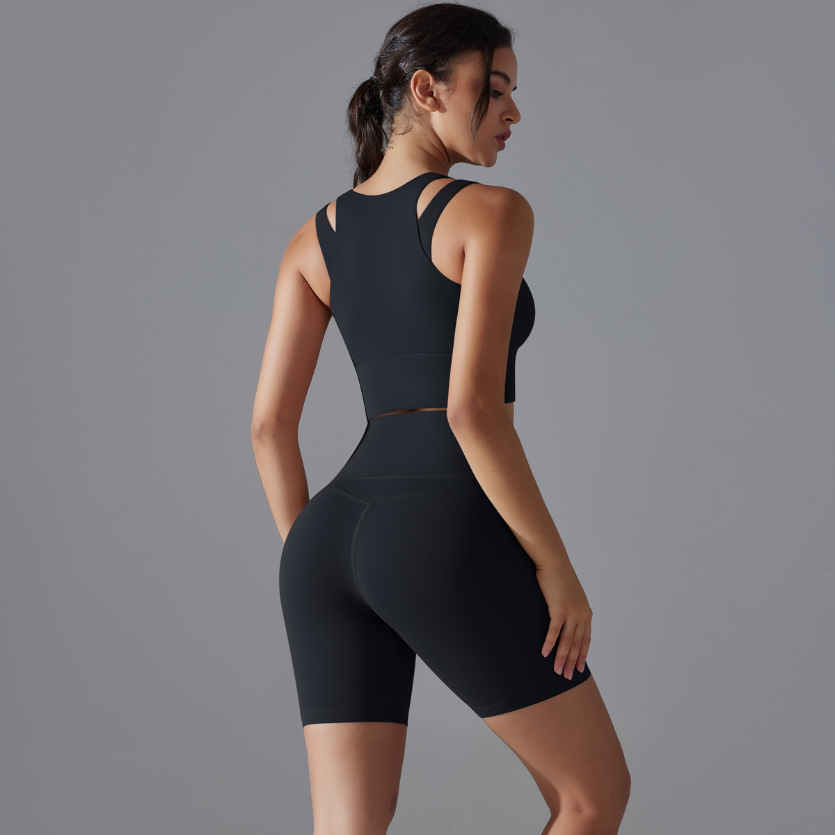  Zipper Bra High-Waisted Quick-Dry Tight Shorts Sportswear Set 7020