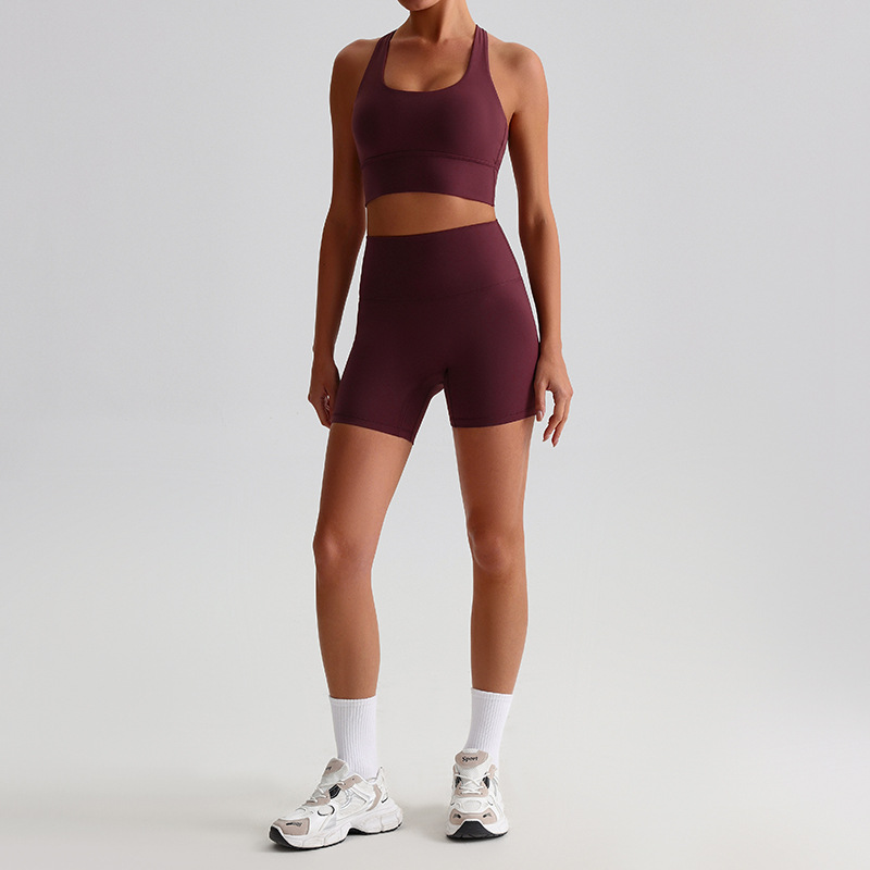 Tight Sports Suit Nude Shorts And Yoga Bra With Pads Set SKL-LQ0197