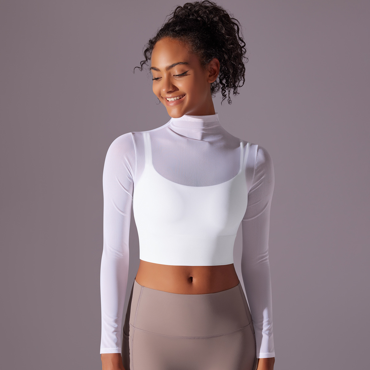 Mesh Long-sleeved Semi-high Neck Yoga Wear 7032
