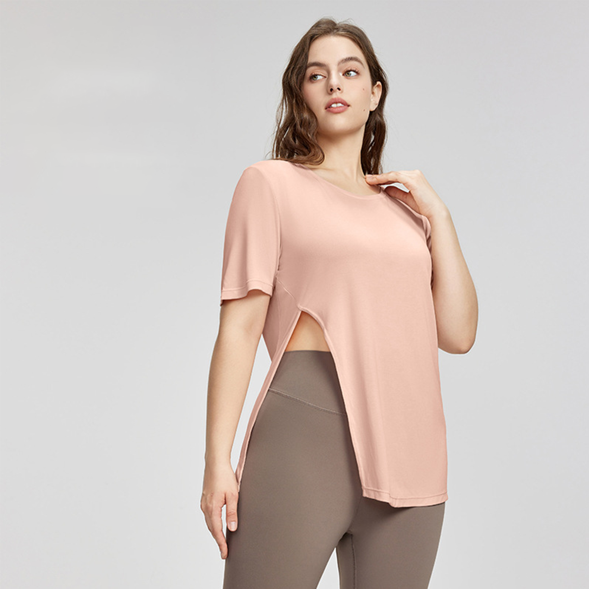 Plus-Size Mesh Breathable Side-Slit Yoga Short-Sleeve Top DWY215198 