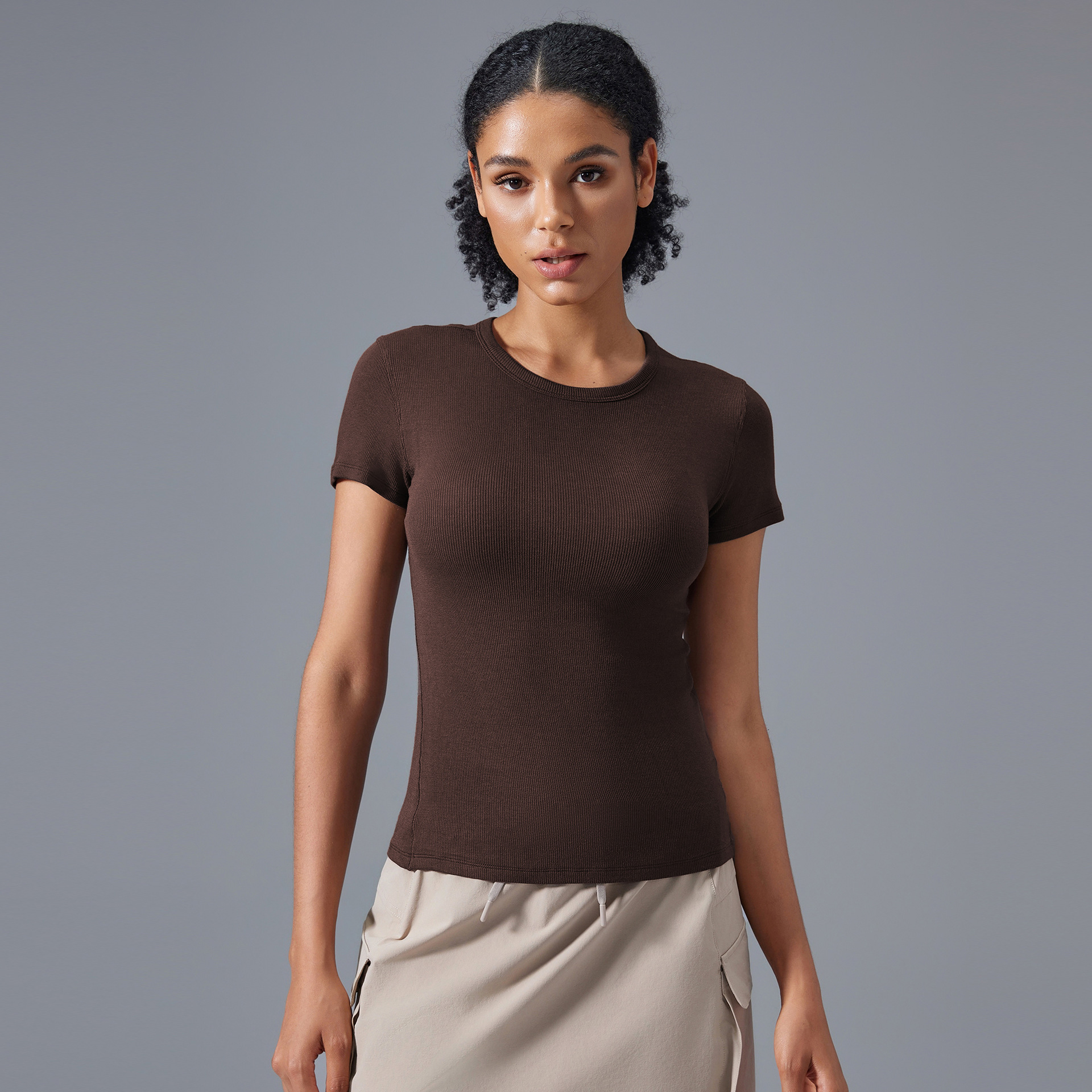 Skinny Nude Skin Friendly Modal Vertical Fitness Yoga Short Sleeve D25096