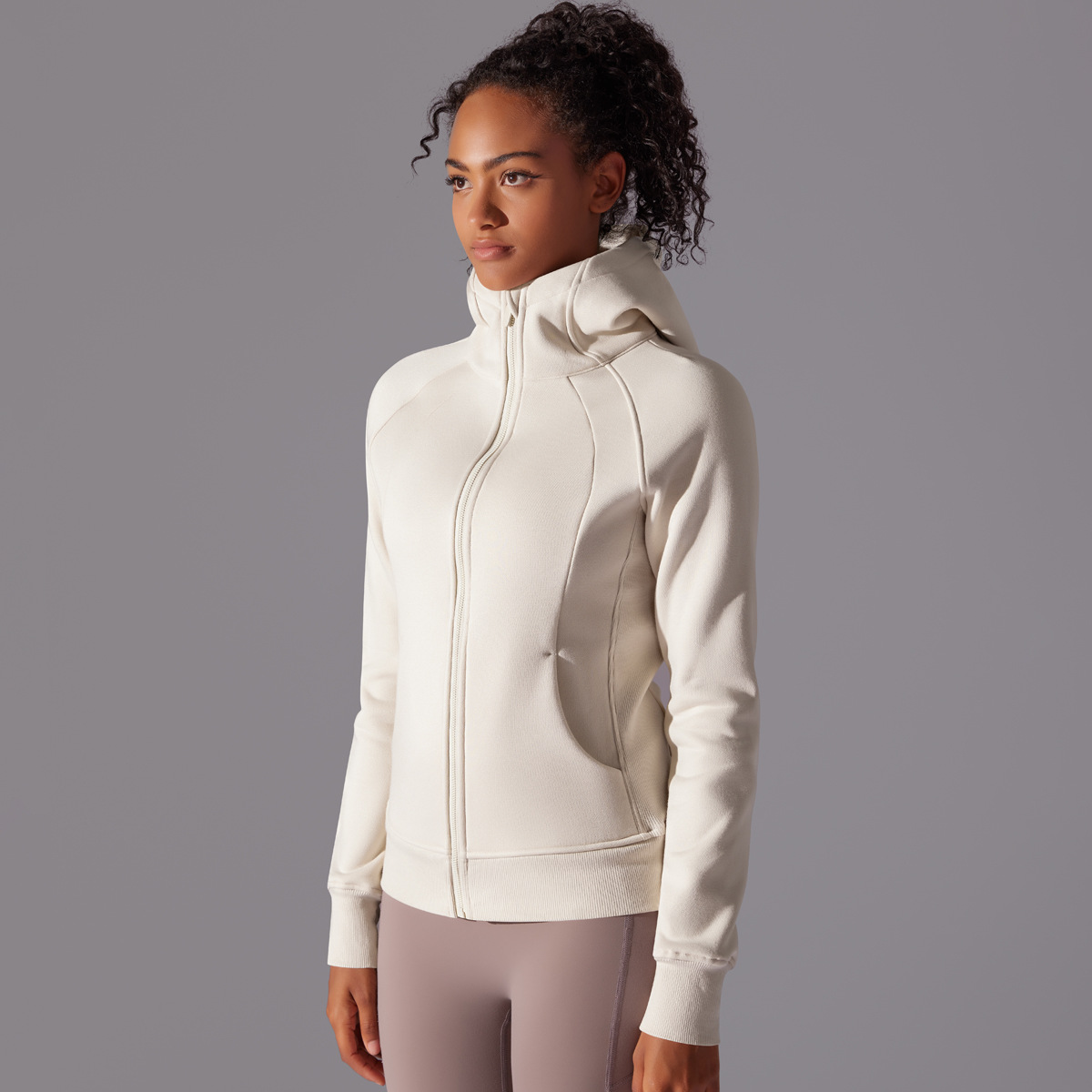  Fleece-Lined Hooded Sports Sweatshirt Jacket Yoga Top 7025