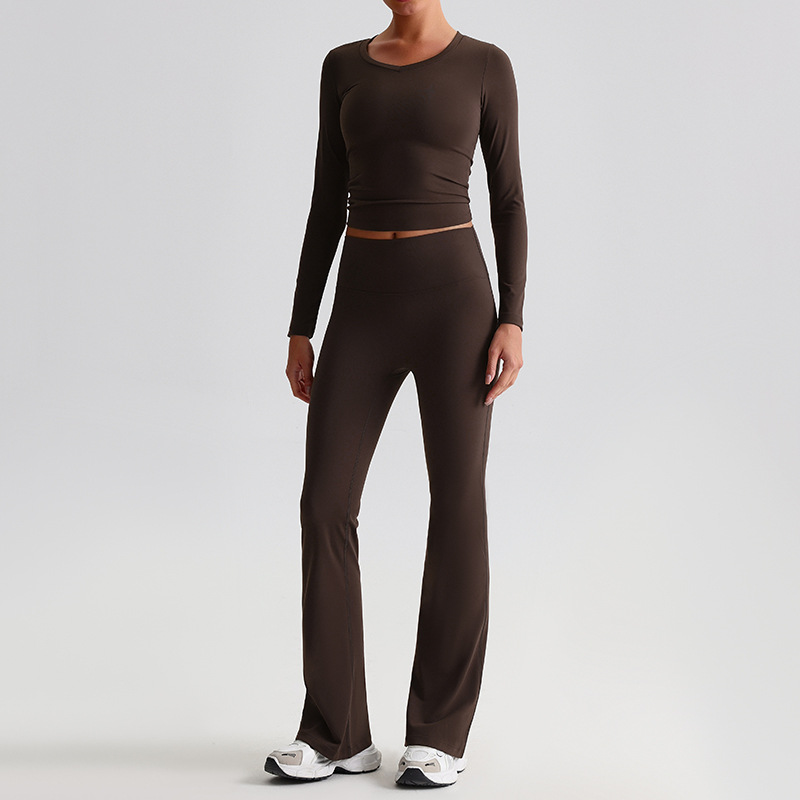 Yoga Suit For Women Casual Hip-lifting Flared Pants And Tight-fitting Nude Short-sleeved shirt SKL-LQ8999