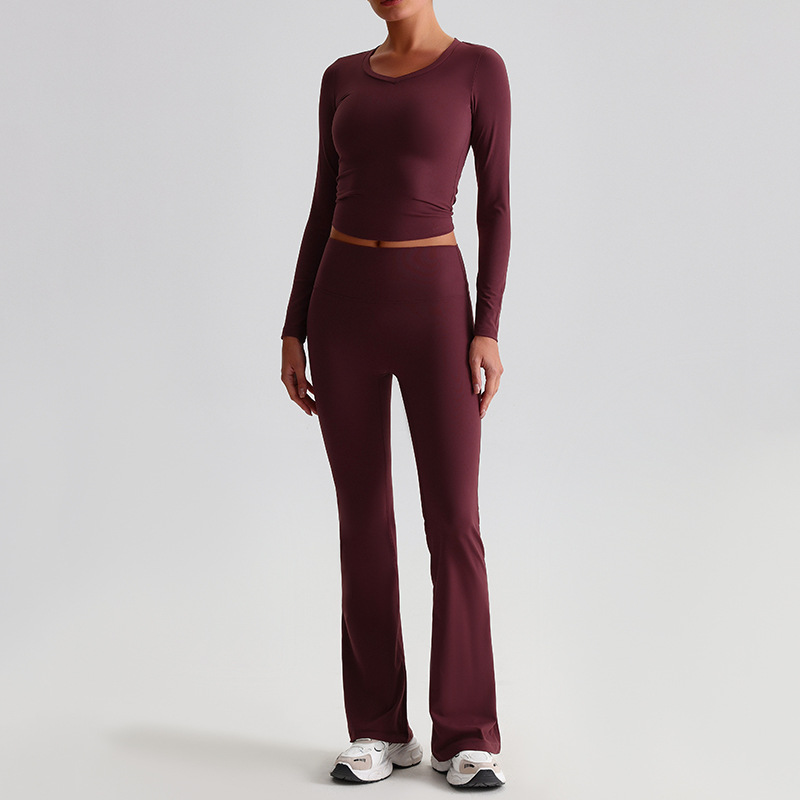 Yoga Suit For Women Casual Hip-lifting Flared Pants And Tight-fitting Nude Short-sleeved shirt SKL-LQ8999