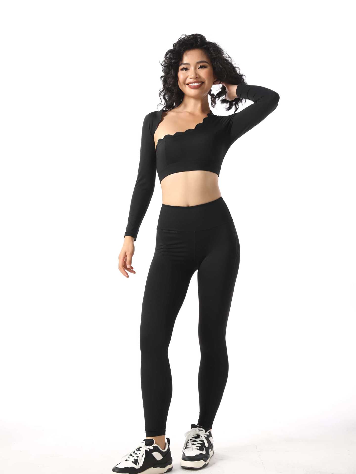 Lace Off-The-Shoulder Top Breathable With Chest Pad Shockproof Long-Sleeved Yoga Pants Set Set SKL-FNK8809