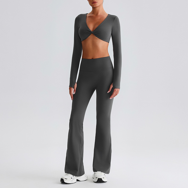 Flare Leggings Knot Long - Sleeve Yoga Bra With Pads Set SKL-LQ0819
