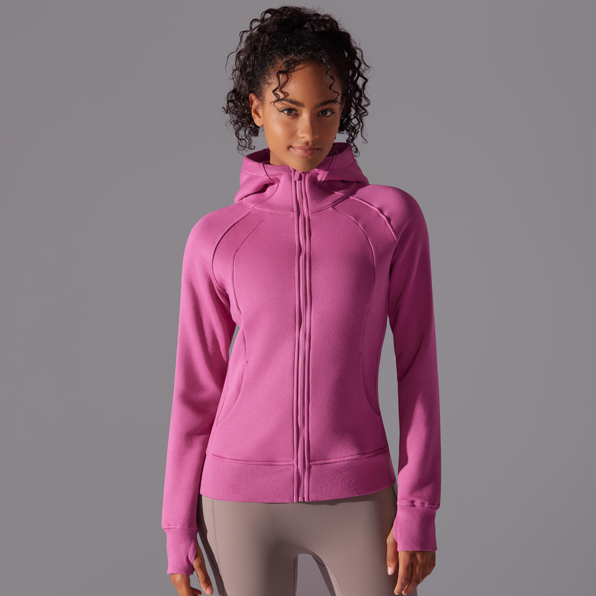  Fleece-Lined Hooded Sports Sweatshirt Jacket Yoga Top 7025