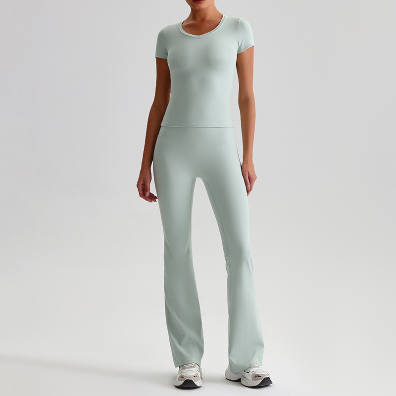 Yoga Suit For Women Casual Hip-lifting Flared Pants And Tight-fitting Nude Short-sleeved shirt SKL-LQ8999