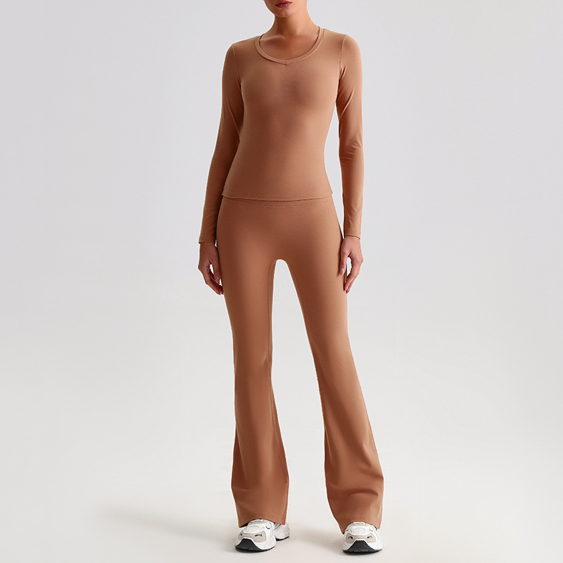 Yoga Suit For Women Casual Hip-lifting Flared Pants And Tight-fitting Nude Short-sleeved shirt SKL-LQ8999
