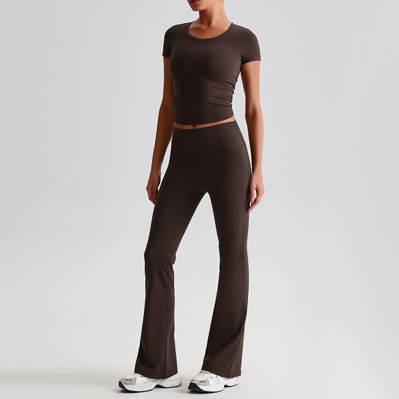 Yoga Suit For Women Casual Hip-lifting Flared Pants And Tight-fitting Nude Short-sleeved shirt SKL-LQ8999