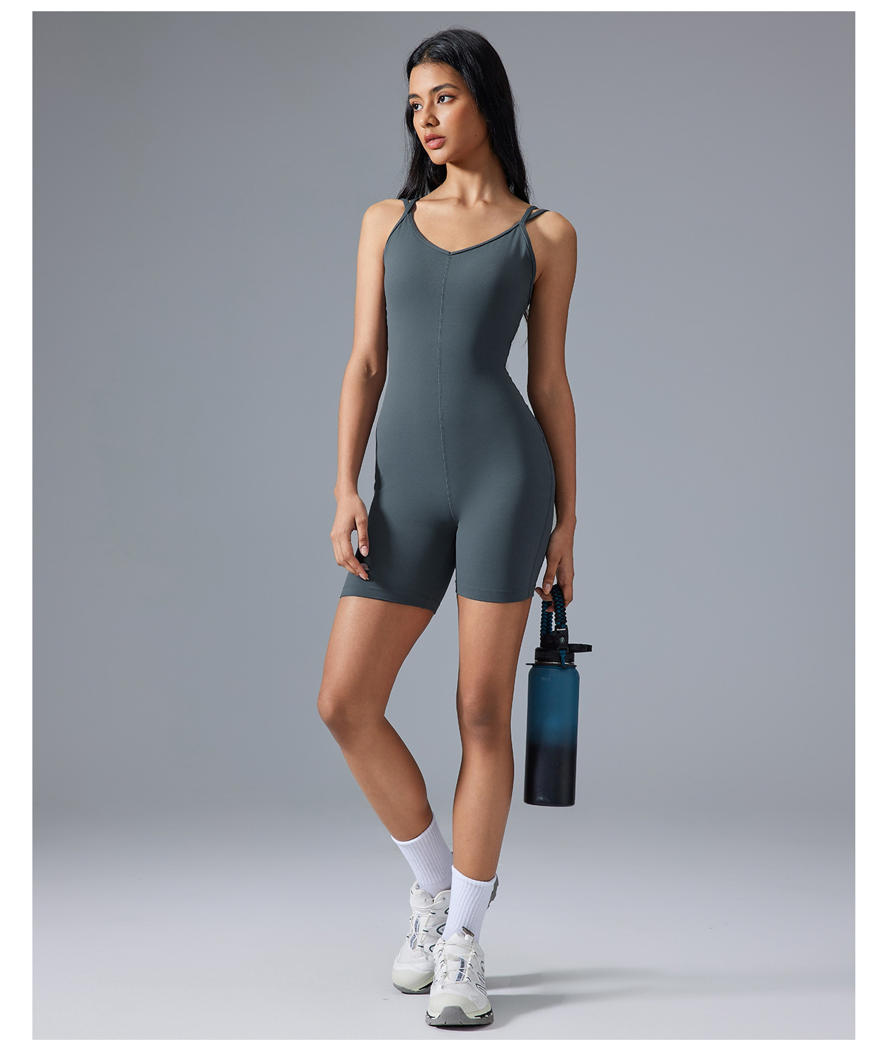 V-neck Nude Exercise One-piece Jumpsuits D25107