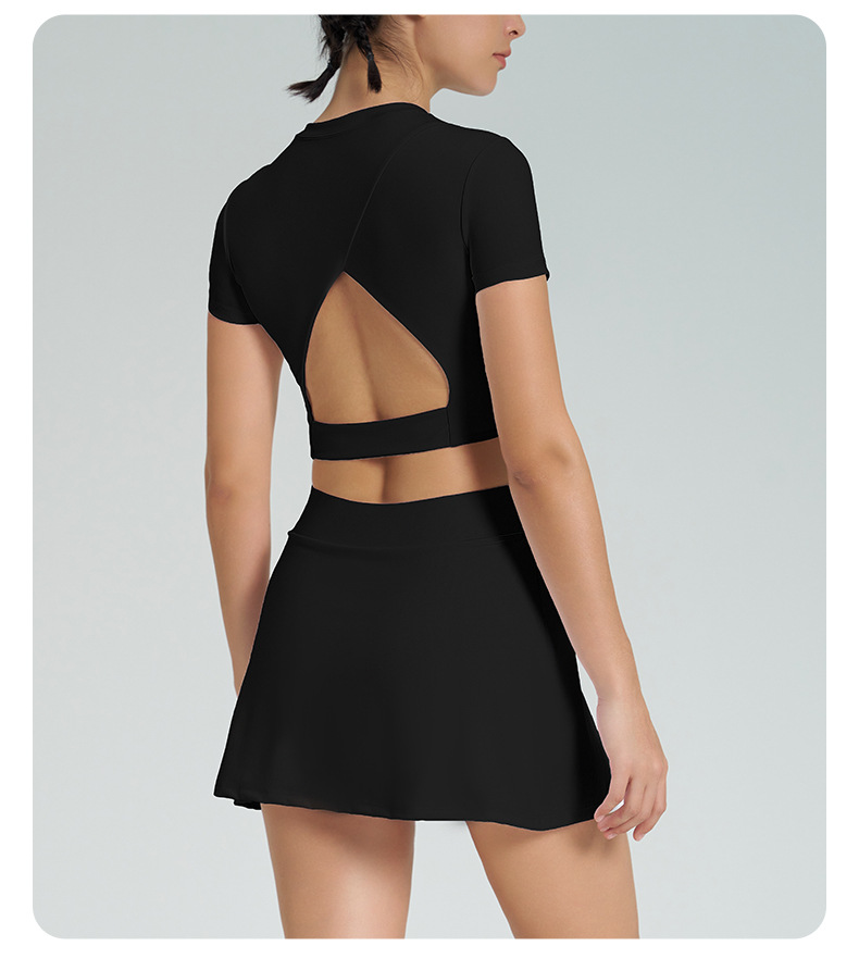 Open-Back Cutout Short-Sleeve Tennis Skirt Set with Built-in Bra Cups for Yoga SKL-QY-T4845+K4569