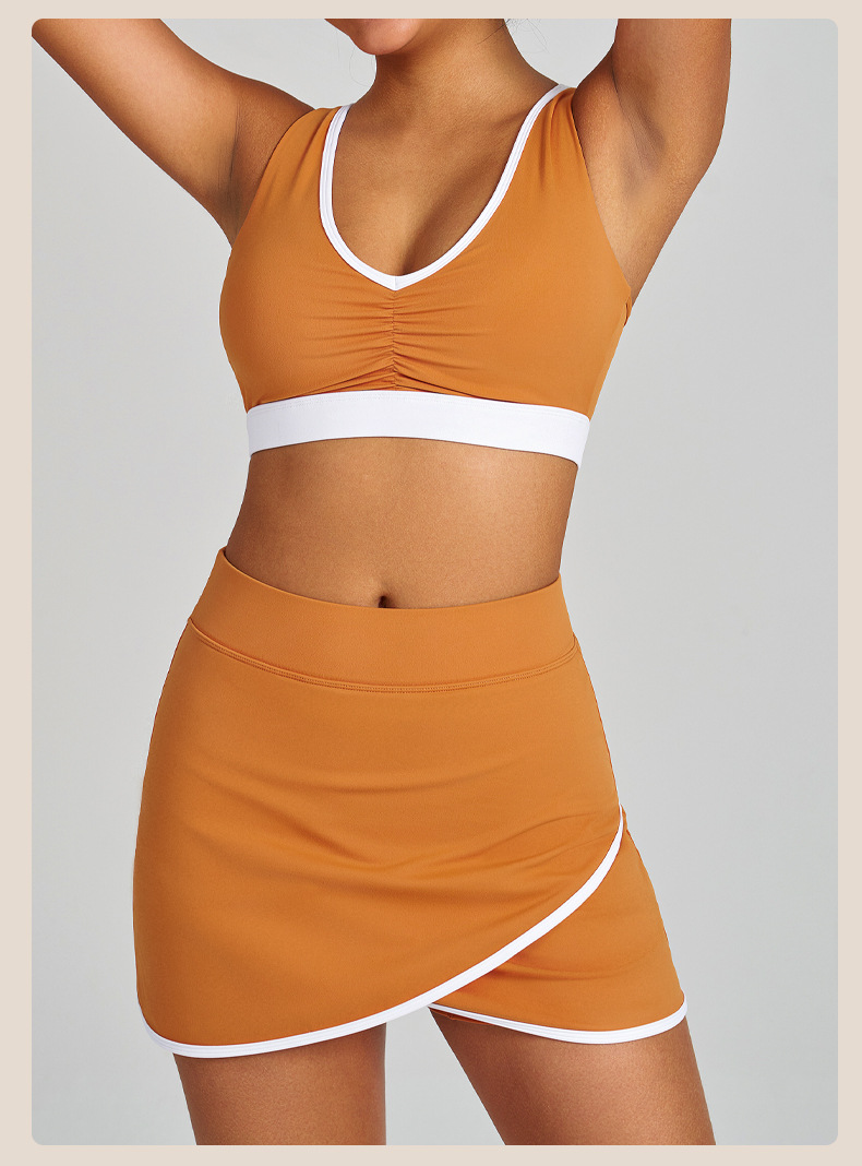  Colorblock Ruched Sports Bra Tennis Skirt & Tank Top Yoga Set SKL-QY-B4039+K4627