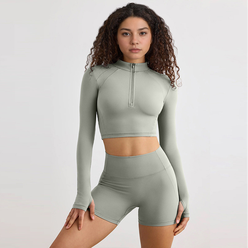 Half-Zip Long-Sleeve Yoga Top & Compression Running Shorts Set SKL-QY-T4806+K4523