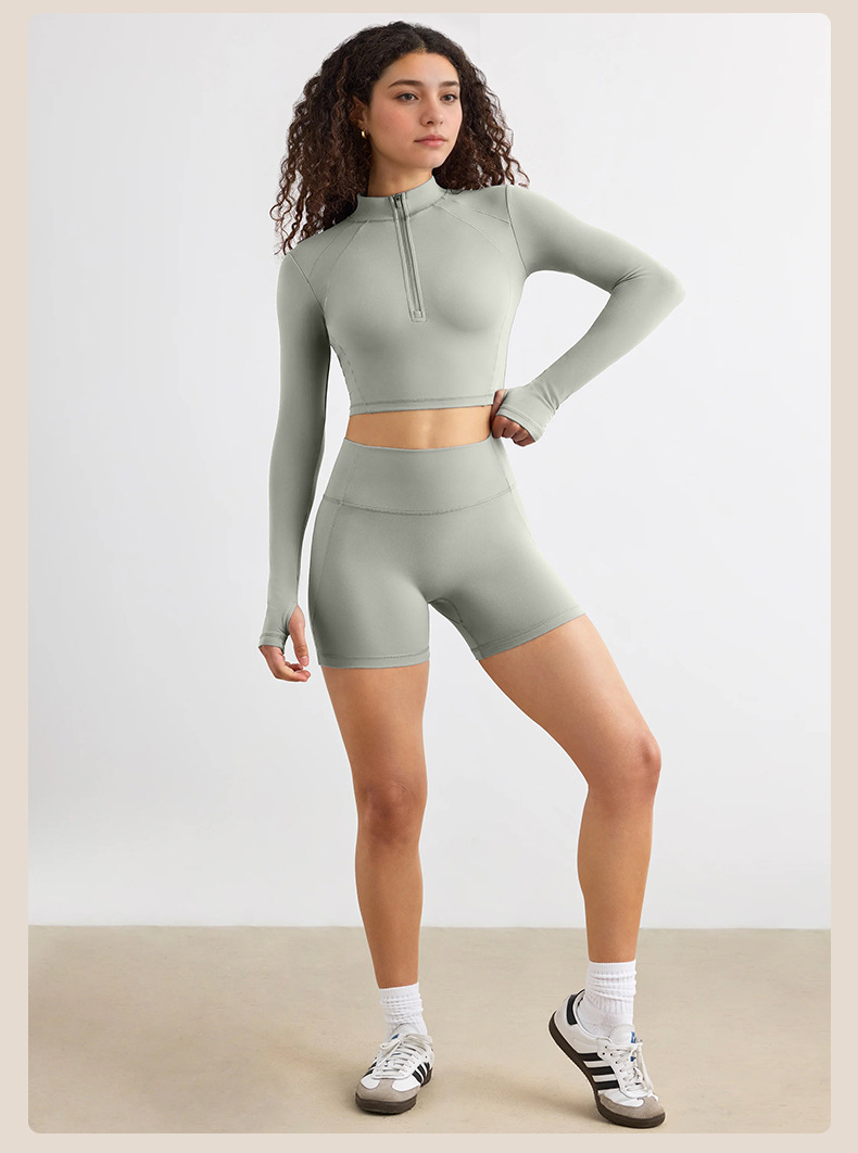 Half-Zip Long-Sleeve Yoga Top & Compression Running Shorts Set SKL-QY-T4806+K4523