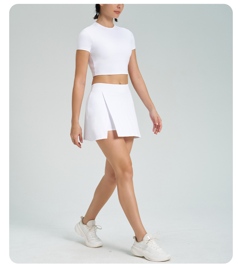 Open-Back Cutout Short-Sleeve Tennis Skirt Set with Built-in Bra Cups for Yoga SKL-QY-T4845+K4569