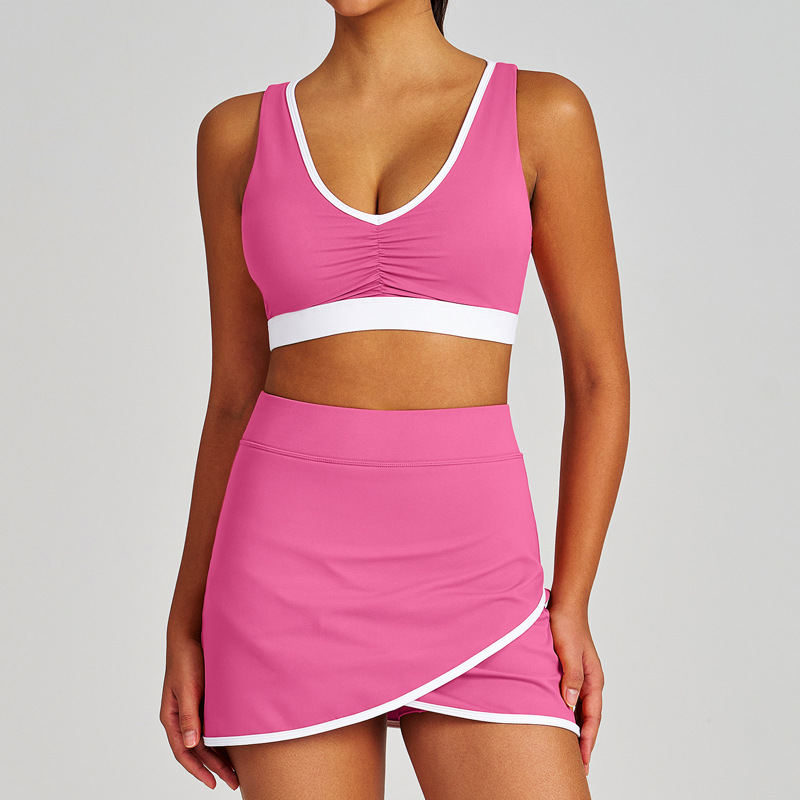  Colorblock Ruched Sports Bra Tennis Skirt & Tank Top Yoga Set SKL-QY-B4039+K4627