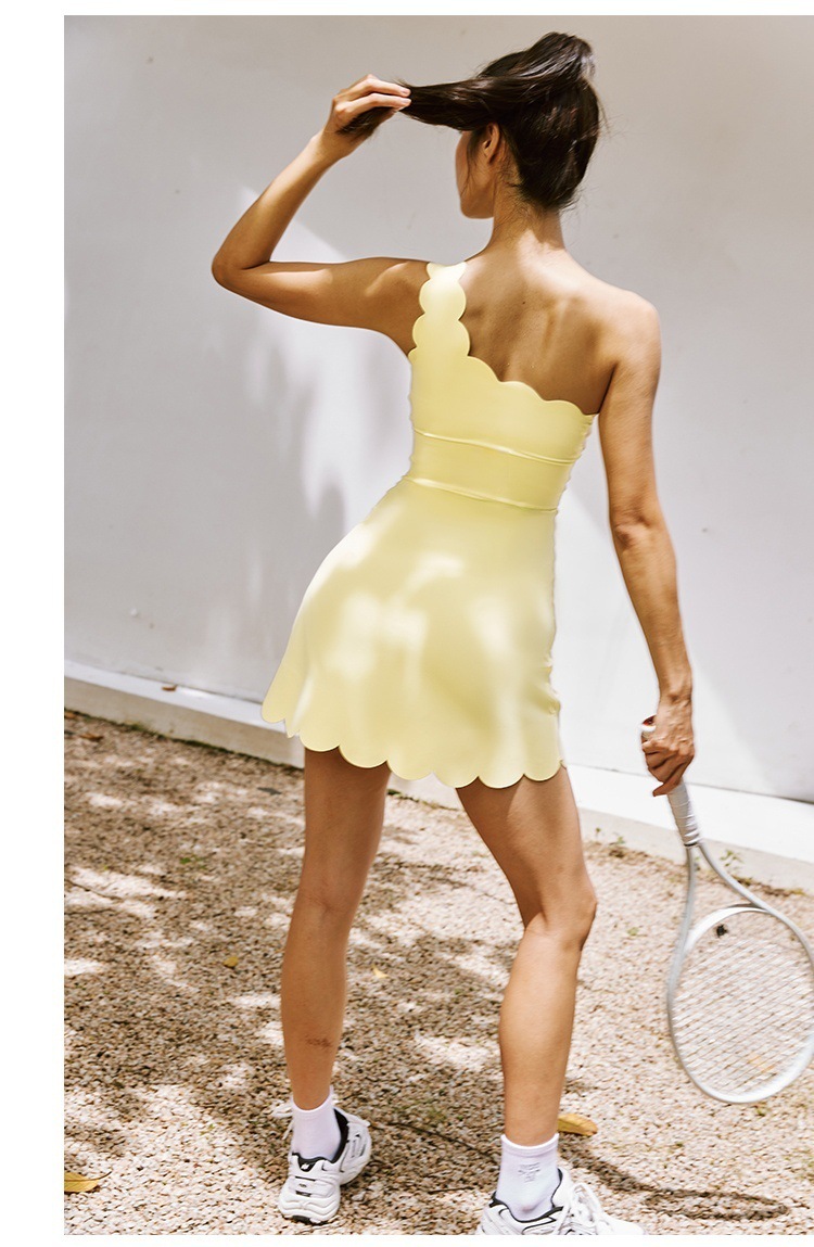 Women's Lace-Trimmed One-Shoulder Dress with Built-in Bra for Yoga SKL-FNK25135
