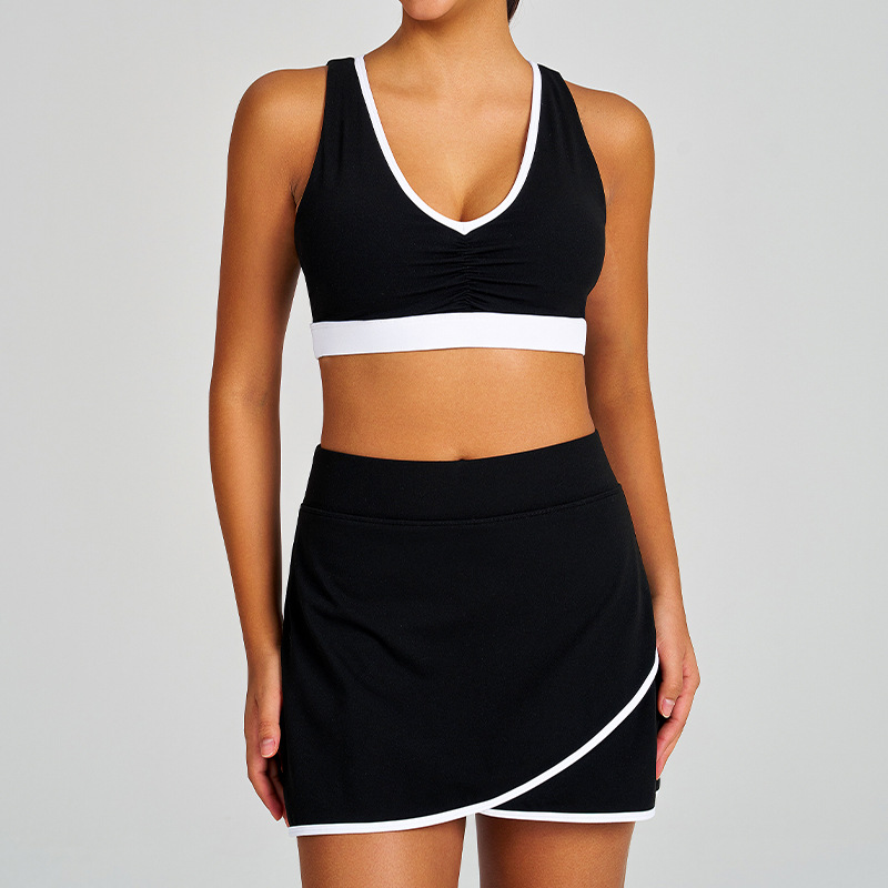  Colorblock Ruched Sports Bra Tennis Skirt & Tank Top Yoga Set SKL-QY-B4039+K4627