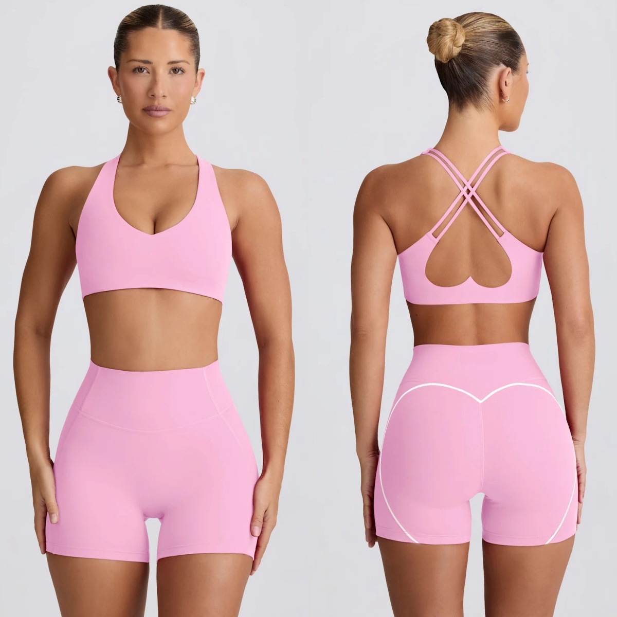  Heart-Shaped Yoga Set with High-Waisted Shorts and Colorblock Design 2-Piece Set SKL-FNK25118
