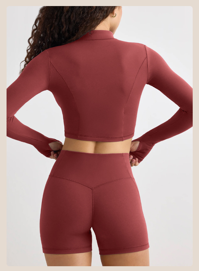 Half-Zip Long-Sleeve Yoga Top & Compression Running Shorts Set SKL-QY-T4806+K4523