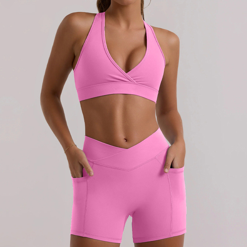 Hanging - neck Sports Bra Top with Shorts Yoga Outfit Set for Fitness and Running SKL-QY-B3073+K3611