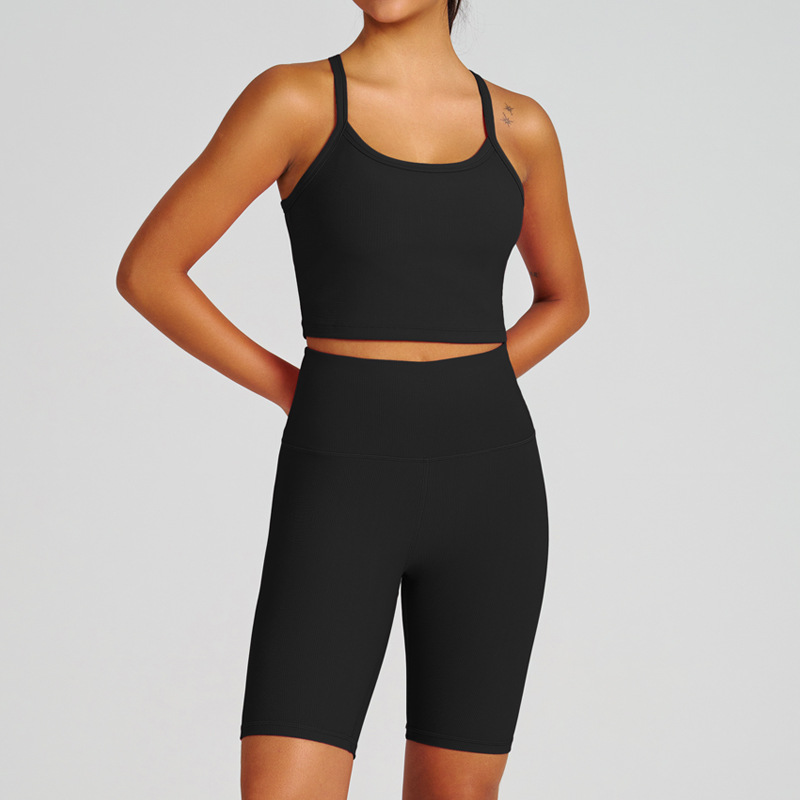 High-Waisted Spaghetti Strap Open-Back High-Impact Sports Bra Set for Running SKL-QY-B6004+K5012