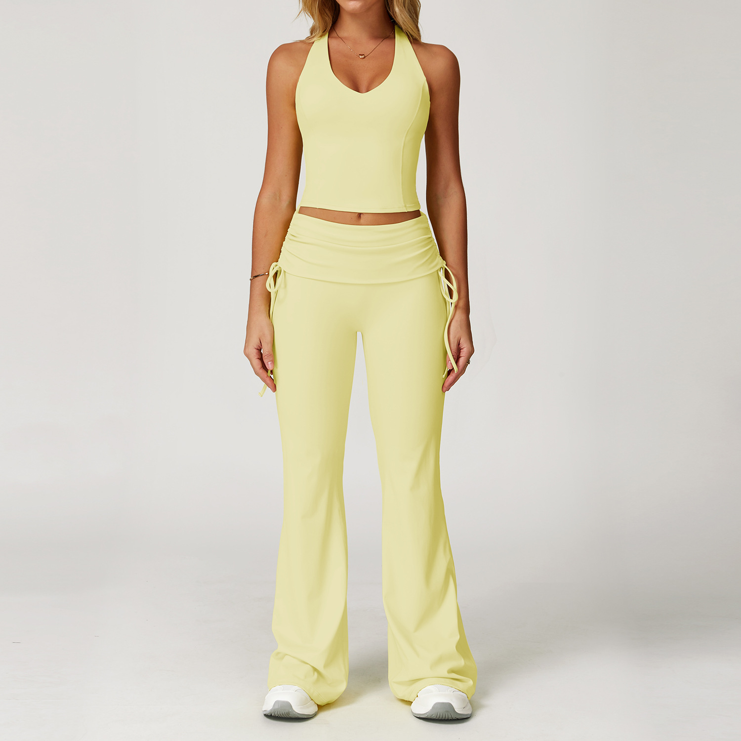 Women's Y-Back Tank Top & Foldover High-Waisted Bootcut Pants Yoga Set 3055
