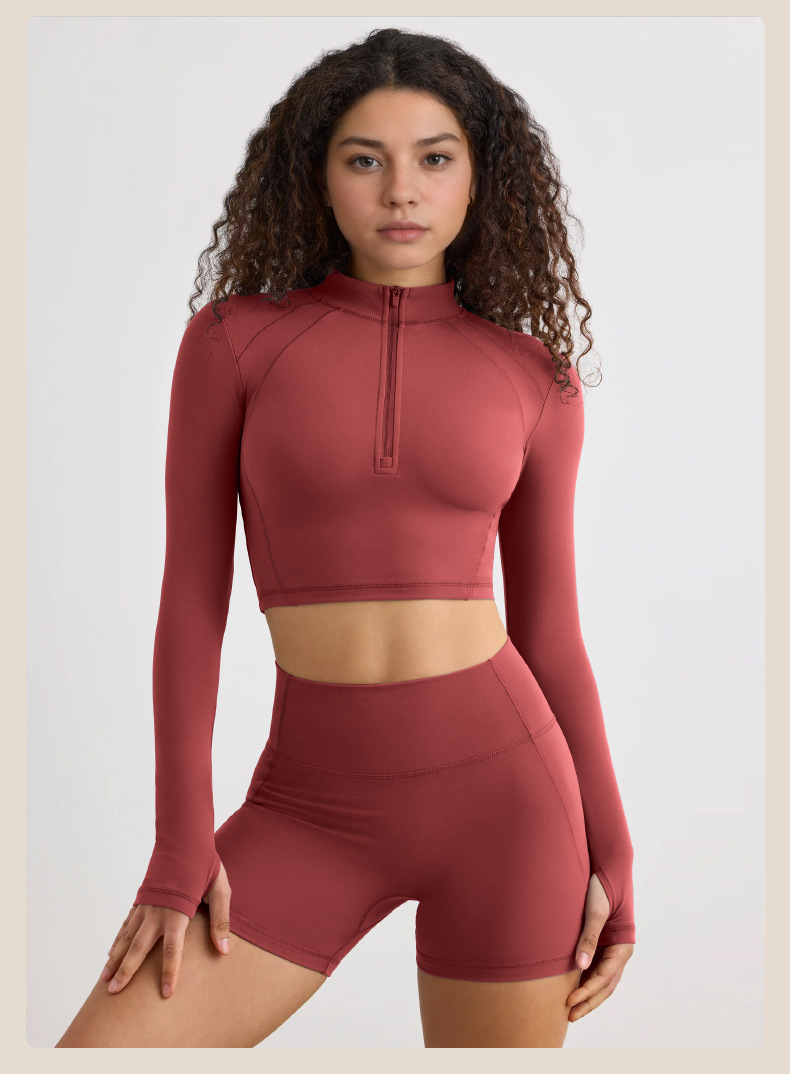 Half-Zip Long-Sleeve Yoga Top & Compression Running Shorts Set SKL-QY-T4806+K4523
