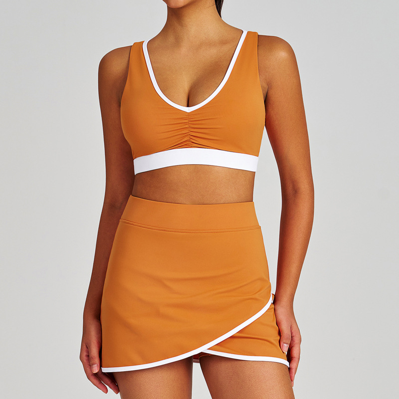  Colorblock Ruched Sports Bra Tennis Skirt & Tank Top Yoga Set SKL-QY-B4039+K4627