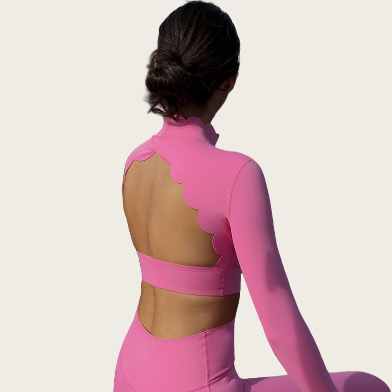Shell Lace Open-Back Long-Sleeve Yoga Top with Built-in Bra SKL-FNK8811