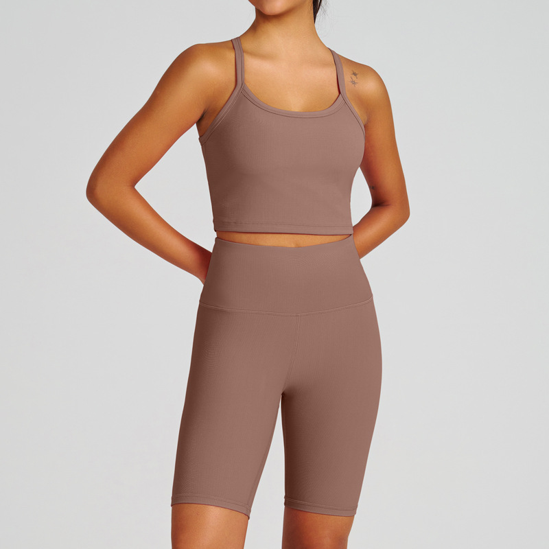 High-Waisted Spaghetti Strap Open-Back High-Impact Sports Bra Set for Running SKL-QY-B6004+K5012