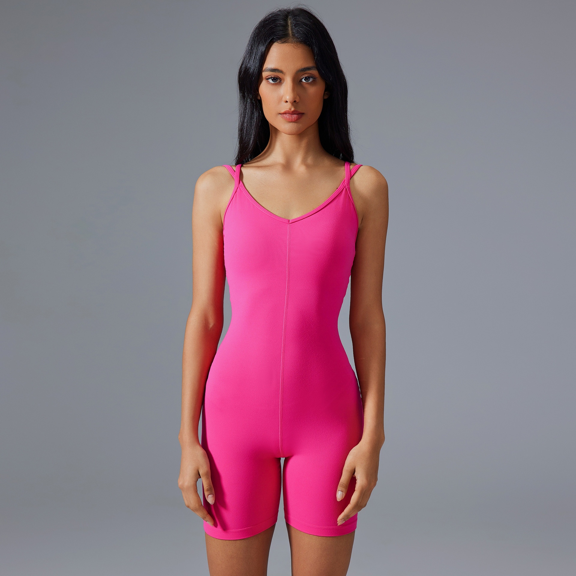 V-neck Nude Exercise One-piece Jumpsuits D25107