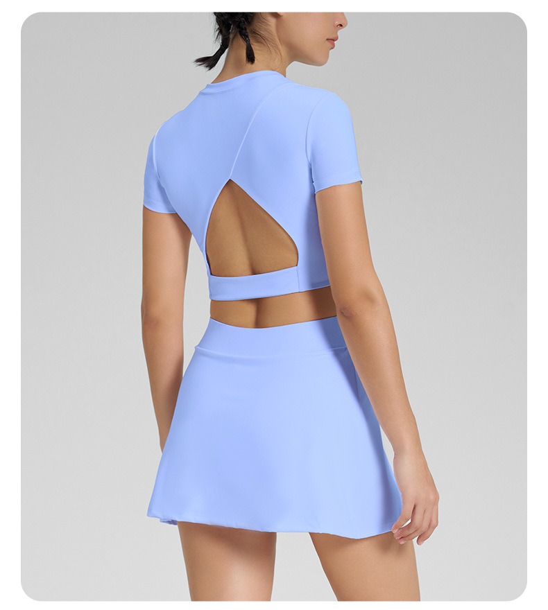 Open-Back Cutout Short-Sleeve Tennis Skirt Set with Built-in Bra Cups for Yoga SKL-QY-T4845+K4569