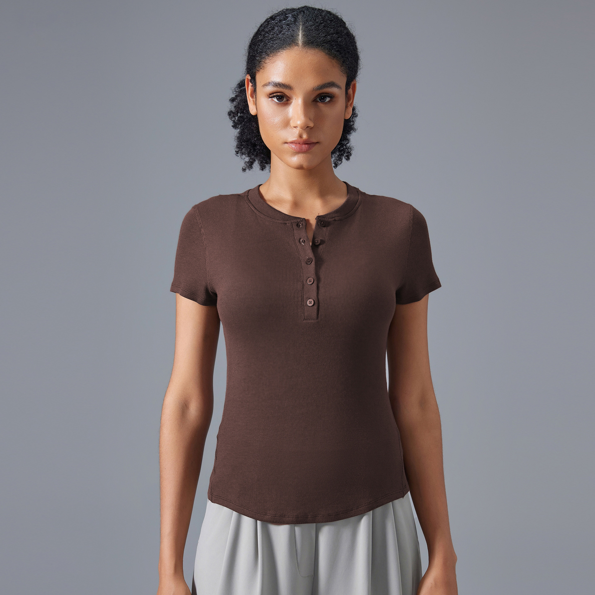 Skinny Nude Skin Friendly Modal Vertical Fitness Yoga Short Sleeve D25097