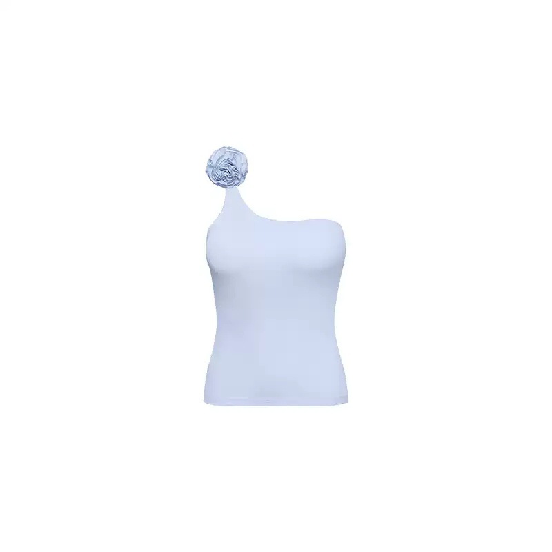 Women's Sleeveless Fitted One-Shoulder Top with 3D Floral Embellishment SKL-FNK7702