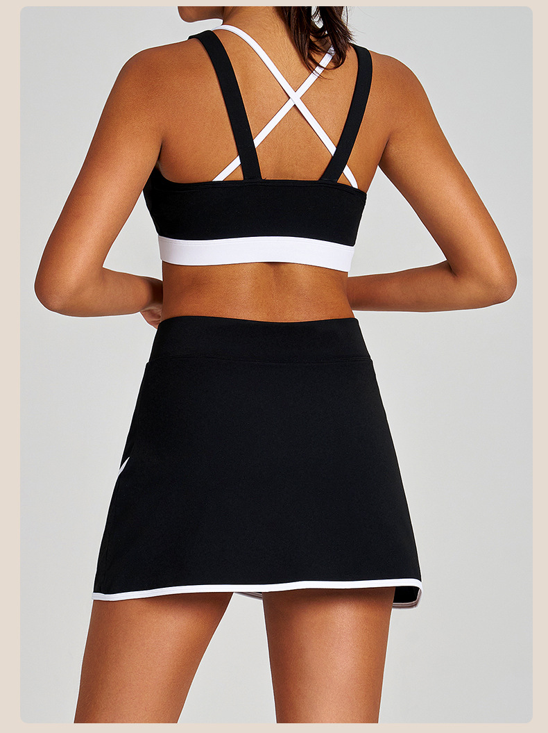  Colorblock Ruched Sports Bra Tennis Skirt & Tank Top Yoga Set SKL-QY-B4039+K4627