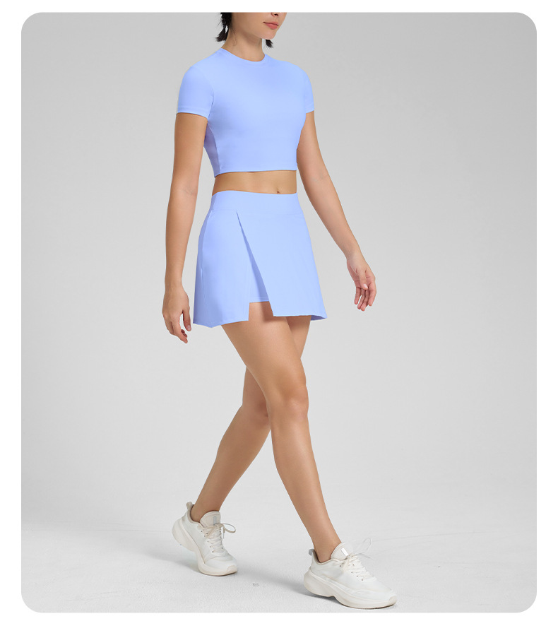 Open-Back Cutout Short-Sleeve Tennis Skirt Set with Built-in Bra Cups for Yoga SKL-QY-T4845+K4569