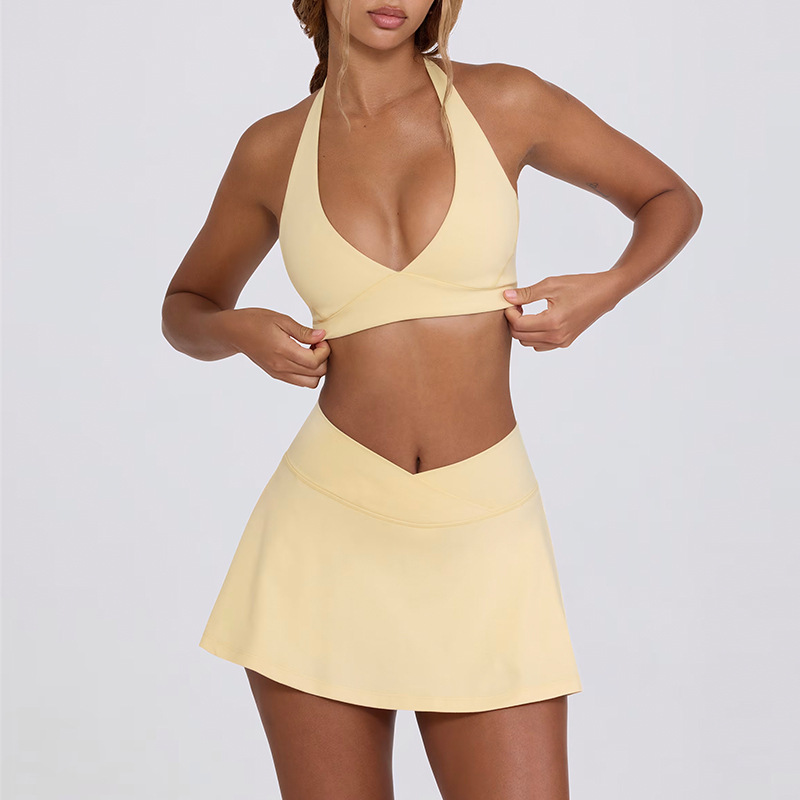 Quick-Dry Sports Bra & Skirt Set with Built-in Bra Cups High-Elasticity Yoga Set SKL-QY-B6505+K6510