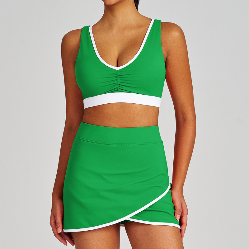  Colorblock Ruched Sports Bra Tennis Skirt & Tank Top Yoga Set SKL-QY-B4039+K4627