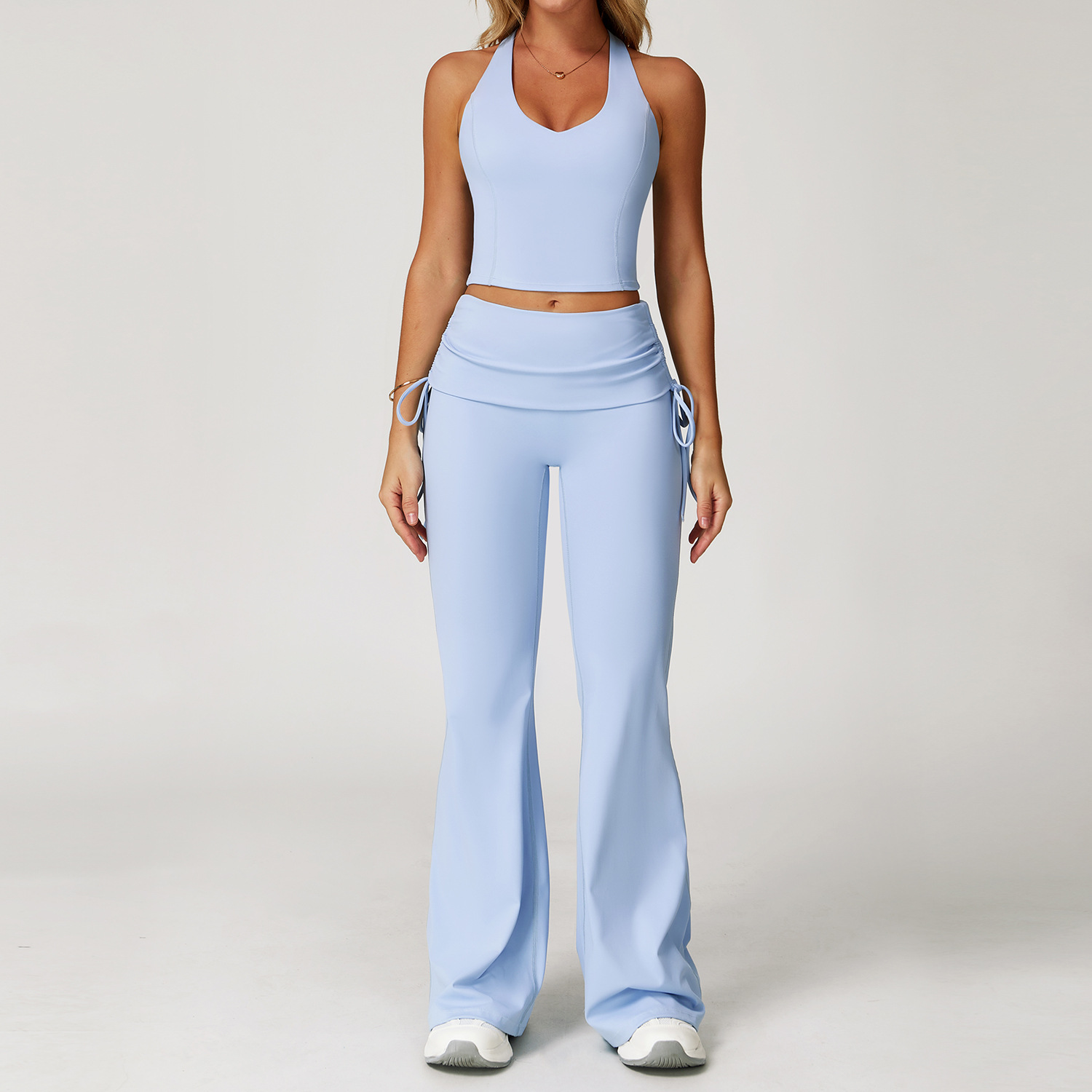 Women's Y-Back Tank Top & Foldover High-Waisted Bootcut Pants Yoga Set 3055