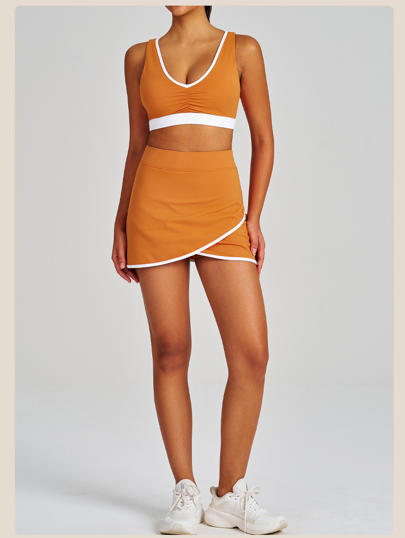  Colorblock Ruched Sports Bra Tennis Skirt & Tank Top Yoga Set SKL-QY-B4039+K4627