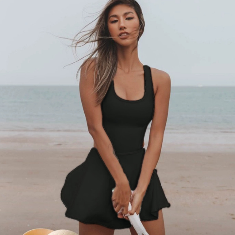 Waist Cutout Colorblock Tennis Skirt One-Piece Yoga Outfit SKL-FNK6618
